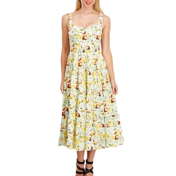 Aqua Fruit Medley Tiered Yellow Sweetheart Neckline Midi Sundress Size L - Picture 2 of 11
